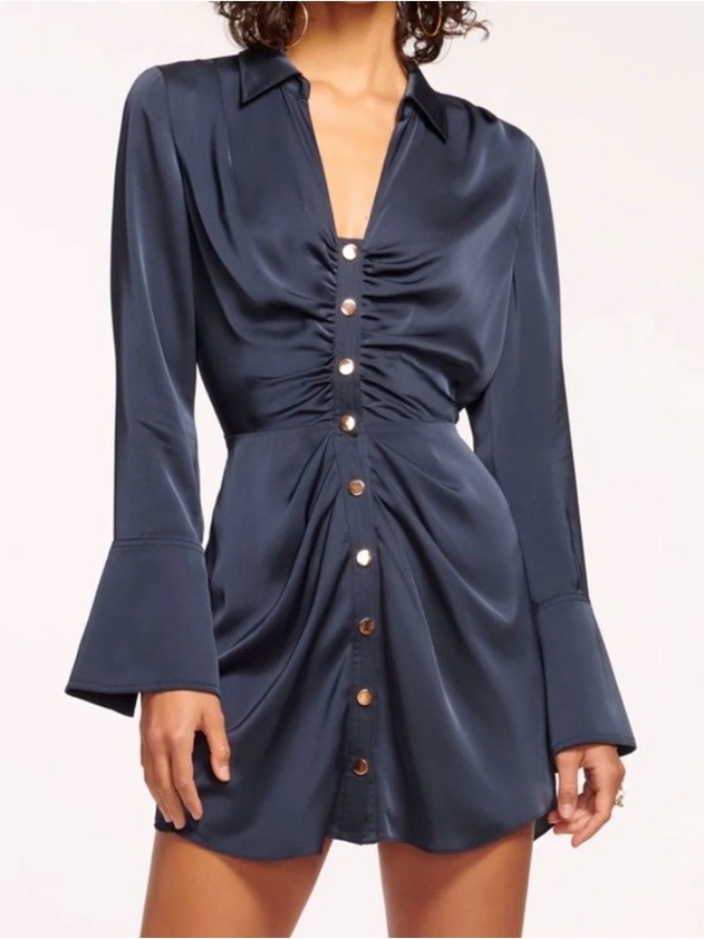 Ramy Brook NY Katelyn Navy Satin Ruched Button Mini Dress with Gold Buttons - Picture 2 of 16